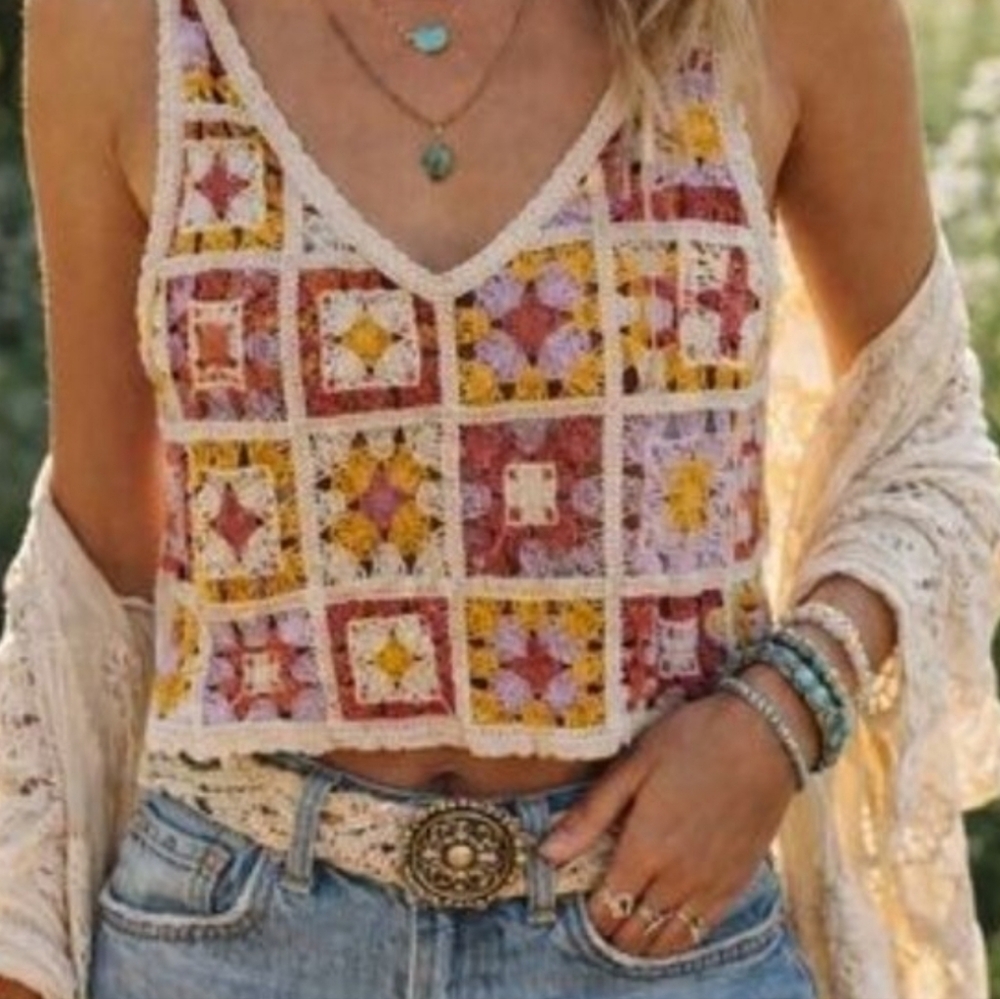 Rebellion Again Crochet Granny Square Cropped Tank Top Festival Boho Hippie MD